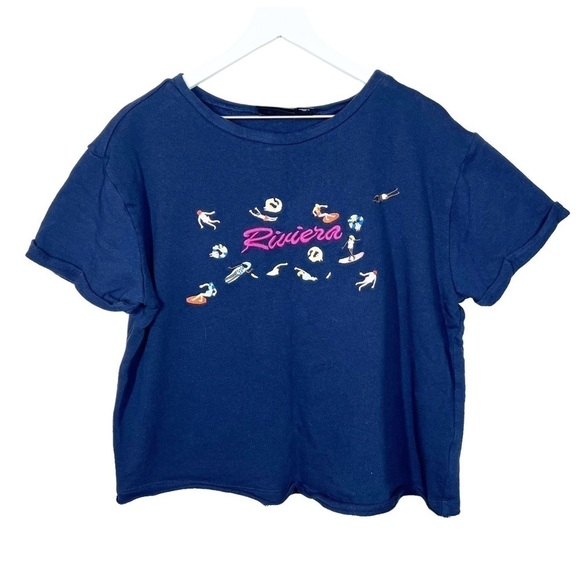 Maeve by Anthropologie Riviera Navy Blue Water Sports Embroidered Tee Shirt - Picture 3 of 8